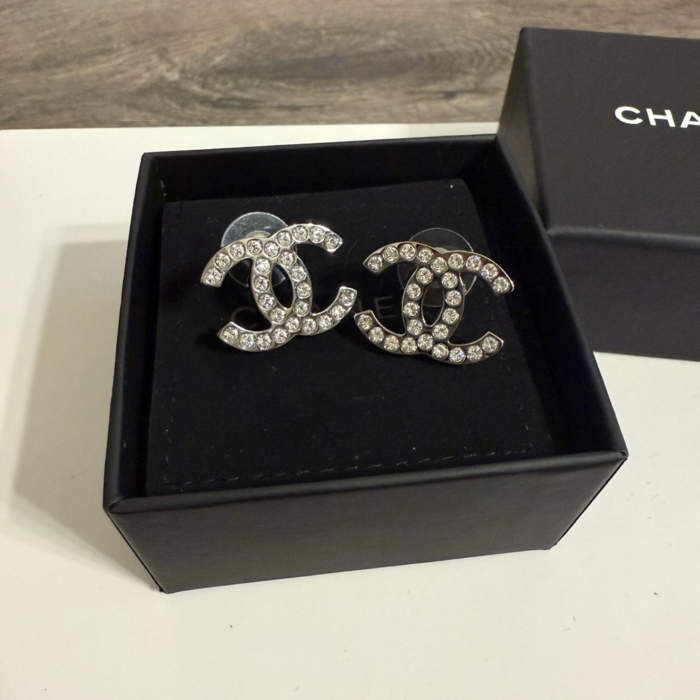CHANEL Large Silver Crystal CC Logo Earrings